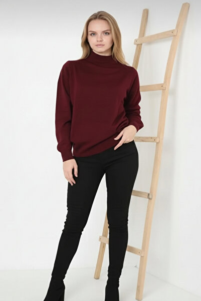 minenka Women's Burgundy Long Sleeve Turtleneck Basic Knit Sweater
