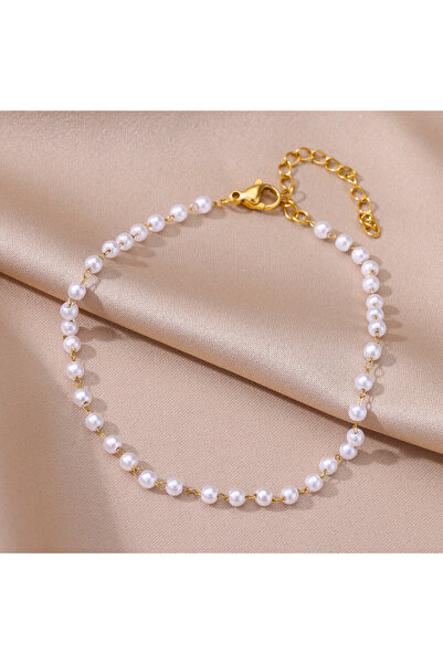 Choice خلخال عصري من اللؤلؤ HJ363G للنساء والفتيات مصنوع من الفولاذ المقاوم للصدأ باللون الذهبي بطبقتين وسلسلة ثعبان