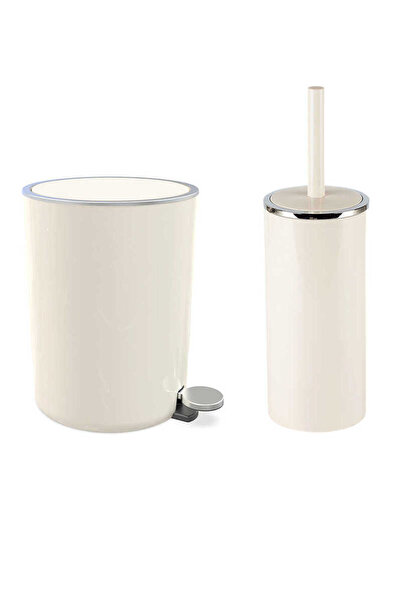 ozbience 5 Lt Pedallı Banyo Çöp Kovası ve Tuvalet Fırçası Seti Bej