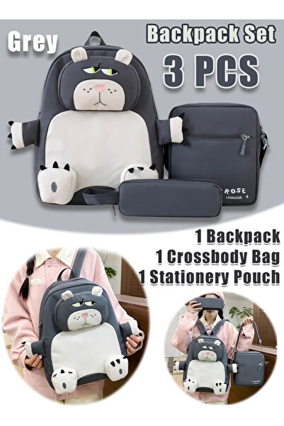 Generic Backpack, cute gray set, including 1 cat-shaped backpack, 1 crossbody bag, and 1 stationery pouch