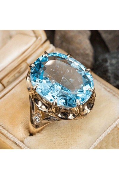 Choice 10 ZF8002-1 خاتم نسائي أنيق من حجر الزركونيا المكعب الأزرق البيضاوي الكبير الساحر باللون الذهبي C