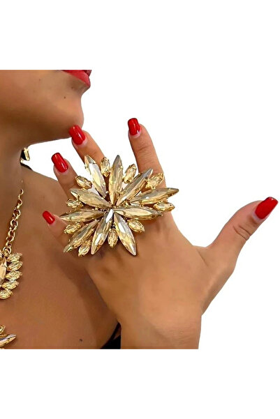 Choice خاتم نسائي ذهبي اللون من الكريستال الشامبانيا T-1 بتصميم هندسي مزخرف بشكل مبالغ فيه ومجوهرات قابلة للتعديل