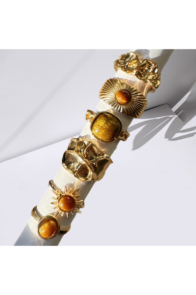 Choice مجموعة خواتم AYABrown من 6 قطع من حجر عين النمر على شكل دوار الشمس للنساء بلون ذهبي عتيق غير منتظم بتصميم جمالي