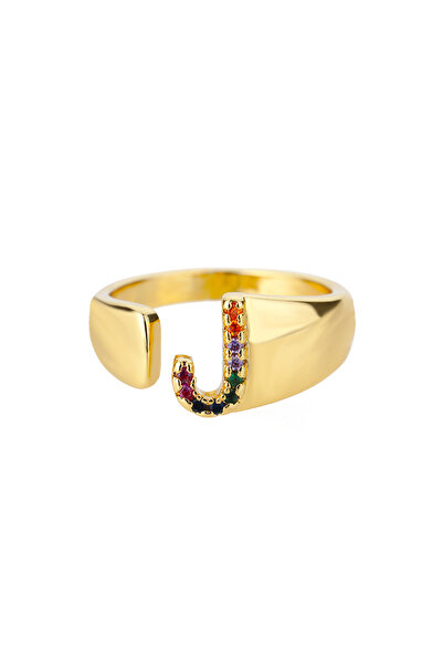 Choice خواتم ذهبية اللون على شكل حرف J من الزركون بألوان قوس قزح للنساء، عصري...