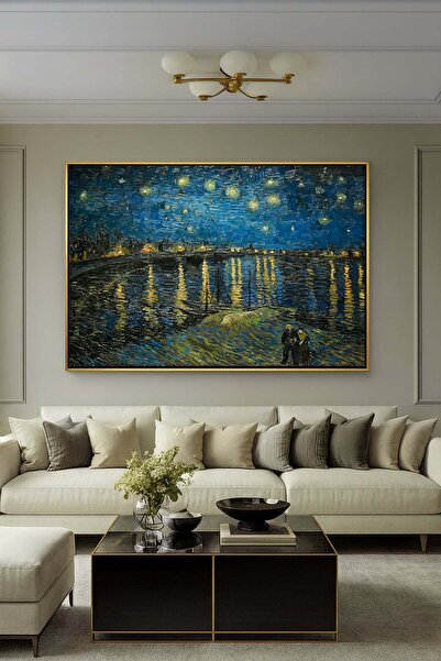 Wallivo Van Gogh Rhone Nehri Üzerinde Yıldızlı Gece Manzarası Gold Metal Çerç...