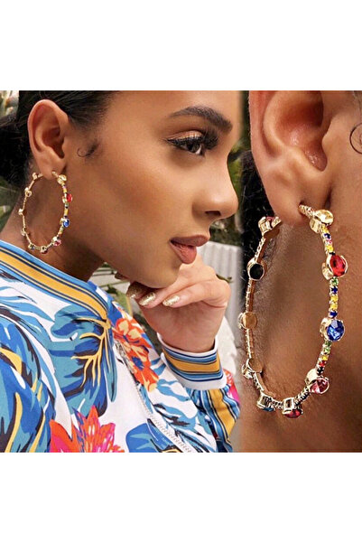 Choice أقراط حلقية كبيرة مرصعة بأحجار الراين الذهبية متعددة الألوان للنساء، إ...