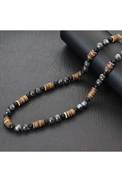 Choice قلادة خشبية من قشر جوز الهند الطبيعي للرجال من بلاك فلاش ستون، طوق قصي...