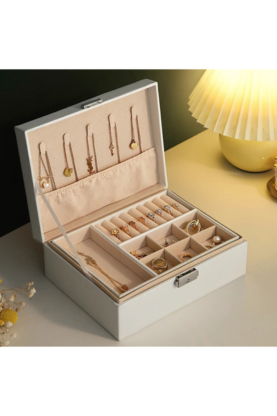 Choice صندوق تخزين مجوهرات أبيض مزدوج الطبقات مقاس 23 × 17 × 8.5 سم مع قفل لل...