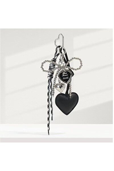 Choice Black Creative Glossy Leather Pearl Bow Keyring Y2k Long Tassel Love H...