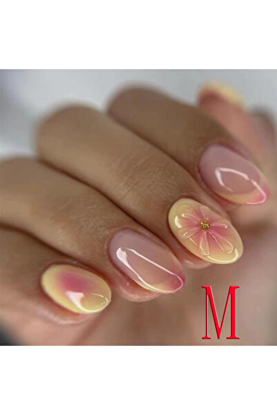 Choice 10 قطع أظافر صناعية قصيرة من نوع لوز فرنسي مدبب بتصميم زهرة ثلاثية الأبعاد من الأكريليك اللامع باللونين الأصفر والوردي من Y2K