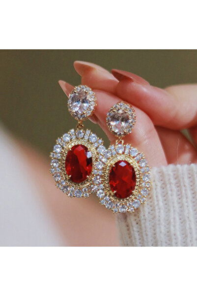 Choice أقراط متدلية من الزركونيا المكعبة الحمراء بلون ذهبي من Huitan E2358، م...