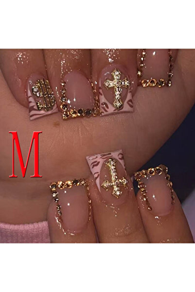Choice 10 قطع أظافر فرنسية مدببة مرصعة بالألماس باللون البيج، أظافر قصيرة مرب...