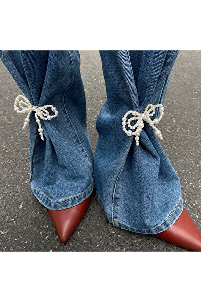 Choice بنطلون نسائي أرجل واسعة فاخر من PuRui بتصميم فيونكة من اللؤلؤ الصناعي باللون الأبيض