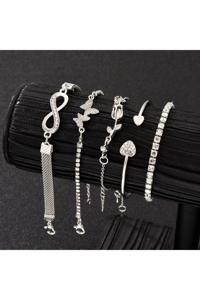 Choice أساور AYASilver 5 قطع أنيقة على شكل قلب وفراشة للنساء باللون الفضي والوردي واللانهائي والكريستال