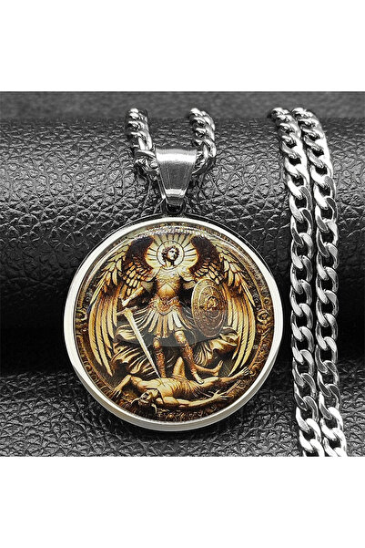 Choice قلادة ميدالية زجاجية مستديرة من الفولاذ المقاوم للصدأ من SR SAINT MICH...