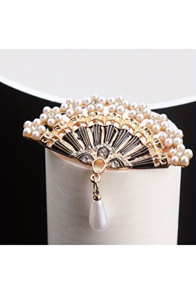 Choice دبوس مروحة كلاسيكي عتيق من اللؤلؤ المرصع بالماس ومُزخرف بزيت التنقيط