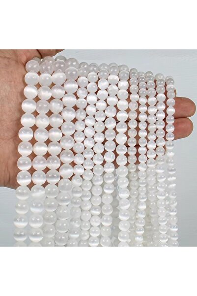 Choice 6-6.5mm(58-60pcs) White Cat Eye 1Strand Genuine Natural Selenite Stone Near-Round Semi-precious Loos