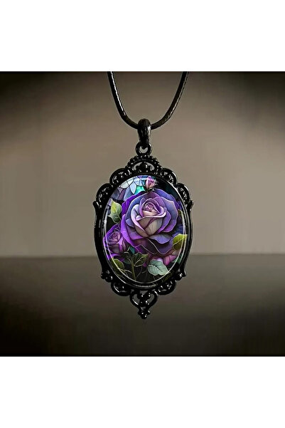 Choice قلادة زجاجية على شكل وردة حمراء بيضاوية على الطراز القوطي أرجوانية للن...