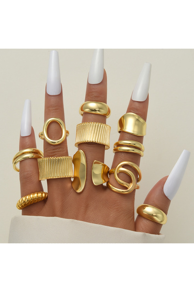 Choice AYA6526301 11 قطعة/مجموعة خواتم مجوفة هندسية غير منتظمة للنساء مبالغ فيها مخططة ناعمة ذهبية C