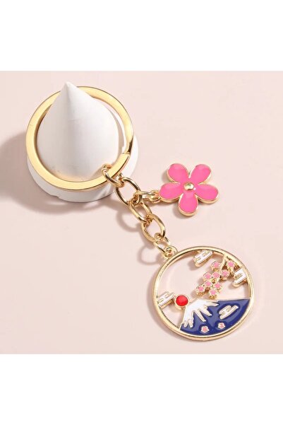 Choice سلسلة مفاتيح ذهبية كرتونية على شكل جبل فوجي الياباني وزهرة ساكورا وسلس...