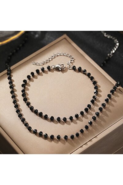 Choice طقم مجوهرات فضي مكون من قطعتين بتصميم بسيط من اللؤلؤ الأسود الصناعي لل...