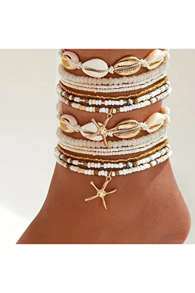 Choice AYA02 14 قطعة/مجموعة خلخال من خرز الأرز البوهيمي على شكل نجمة البحر للنساء بلون ذهبي عتيق متعدد الطبقات