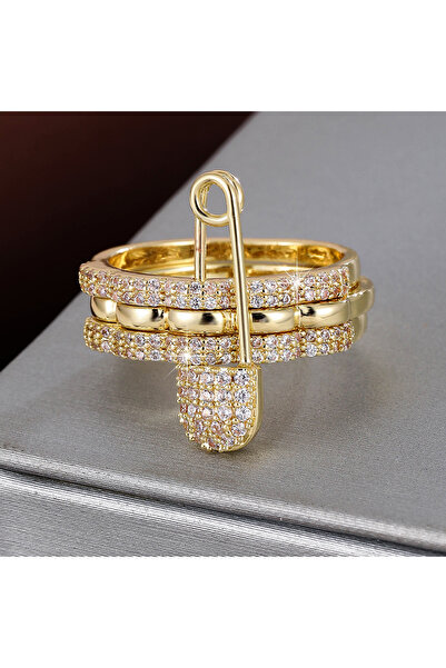 Choice خاتم ذهبي أبيض ثلاثي الطبقات بتصميم مشبك ورق، مرصع بالزركونيا المكعبة اللامعة، قابل للفصل، مناسب للمناسبات العصرية.