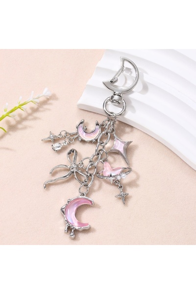 Choice سلسلة مفاتيح E8904 جميلة من المينا على شكل قلب وقمر ونجمة Y2K بألوان وردية وزرقاء للنساء، مقاس 10 سم