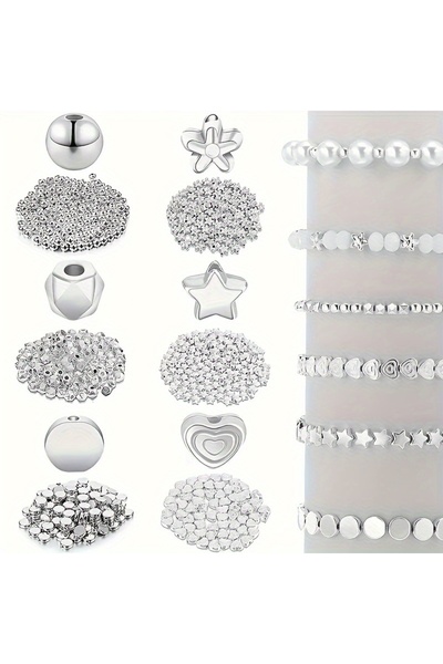 Choice مجموعة خرز فضية مكونة من 1200 قطعة لصنع المجوهرات على شكل نجمة ودائرة وقلب وزهرة مناسبة لـ DI