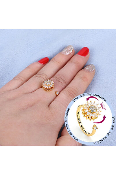 Choice خواتم مفتوحة قابلة للتغيير بثلاثة أحجام قابلة للدوران من الزركونيوم المكعب على شكل زهرة عباد الشمس لتخفيف التوتر والقلق للنساء