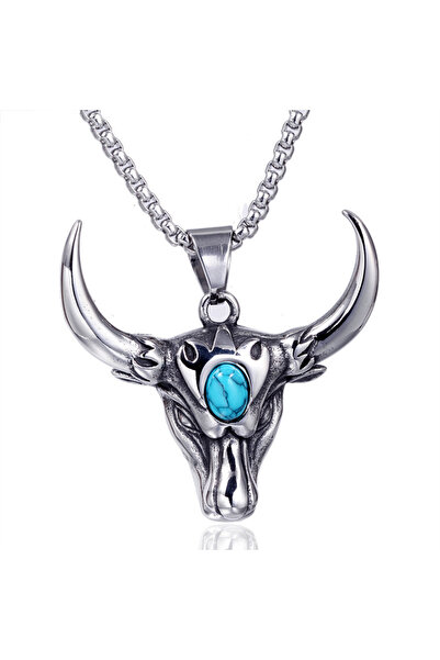 Choice قلادة A14210-Silver Domineering Nordic Turquoise Bull Head Animal Head...