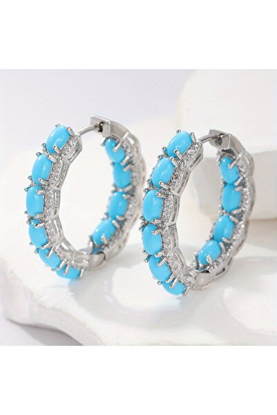 Choice أقراط دائرية من خرز الفيروز الاصطناعي المطلي بالروديوم المقلد أنيقة وع...