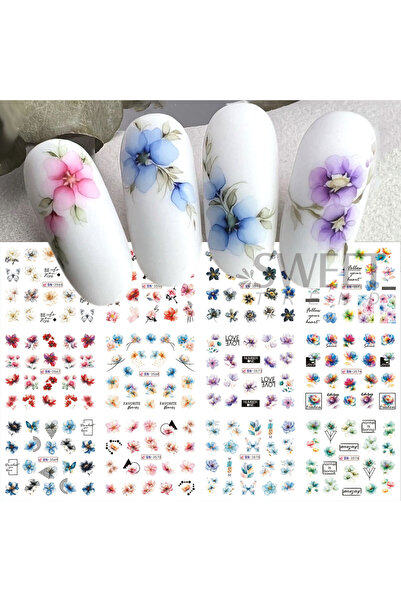 Choice ملصقات أظافر BN3565-3576، 12 تصميمًا من حبر الزهور، ملصقات أظافر مرقعة...