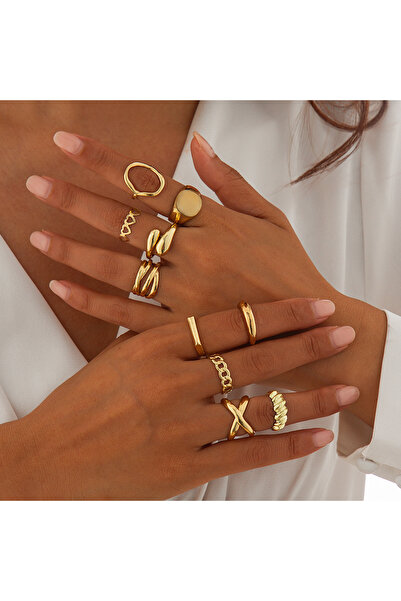 Choice مجموعة من 10 خواتم إنجيمارك ذهبية اللون بتصميم عتيق، ناعمة، على شكل قطرة ماء، مفتوحة، للنساء، مصنوعة من المعدن الذهبي المبتكر.