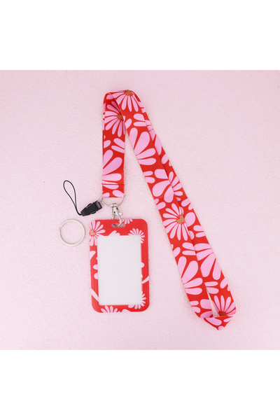 Choice حامل بطاقات الهوية على شكل زهرة الأقحوان الوردية، وحزام للرقبة للمفاتي...