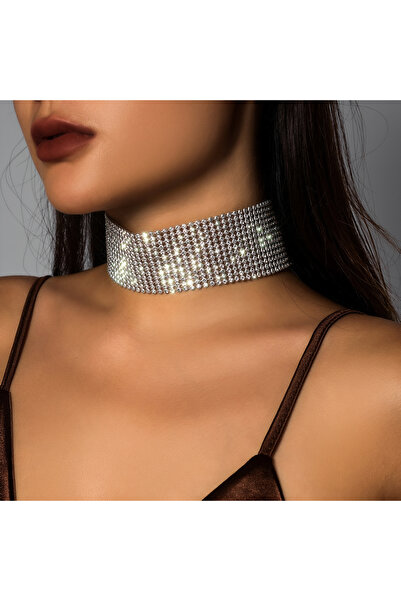 Choice قلادة قصيرة سميكة مرصعة بأحجار الراين اللامعة بعرض 4 سم للنساء، طوق فاخر عصري حول الرقبة