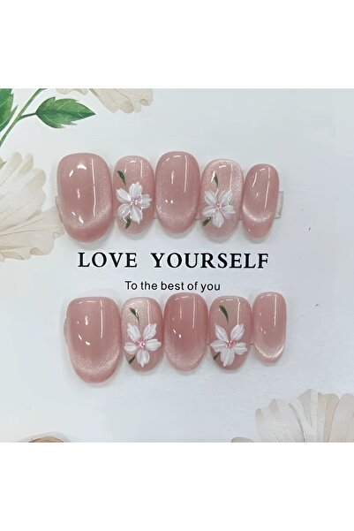 Choice 10 قطع من أظافر صناعية مصنوعة يدويًا على شكل عين قطة وردية اللون عالية...