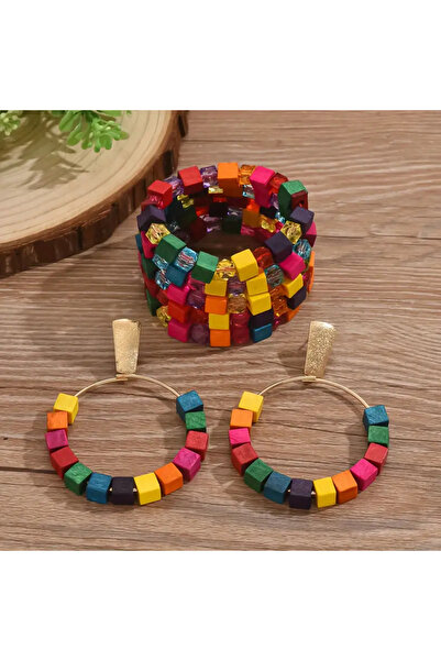 Choice Colorful Bohemian Casual Colorful Wood Square Beaded Bracelet+Dangle E...