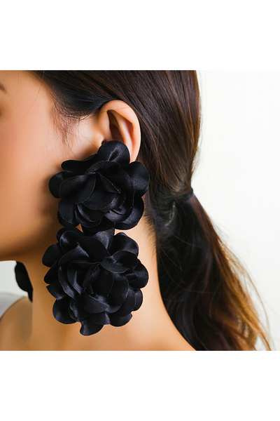Choice black IngeSight.Z Exaggerated Satin Large Flower Long Tassel Drop Earr...