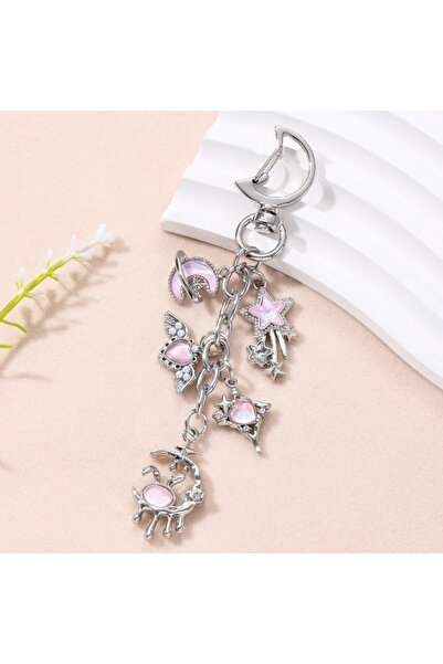 Choice سلسلة مفاتيح E8903 جميلة من المينا على شكل قلب وقمر ونجمة Y2K بألوان وردية وزرقاء للنساء، مقاس 10 سم