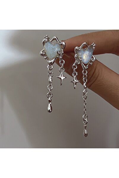 Choice 2-silver Opal Moonstone Heart-shaped Irregular Star Pendant Tassel Earrings Women Light Luxury Goth