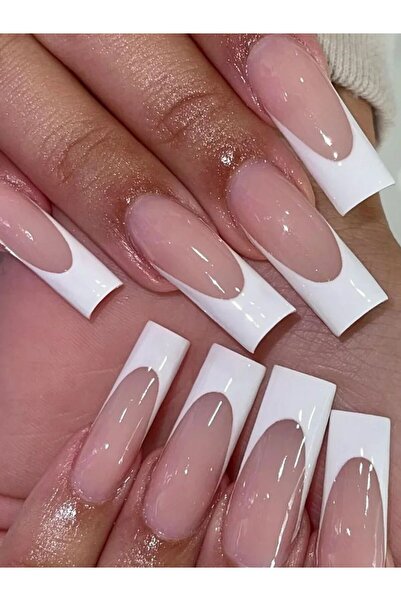Choice 24 قطعة من أظافر صناعية مستطيلة بيضاء على الطراز الفرنسي، أطراف أظافر ...