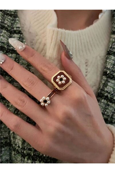 Choice خاتم NJ-2440 فرنسي عتيق أحمر اللون مزين بزهور اللؤلؤ، خاتم قابل للتعدي...