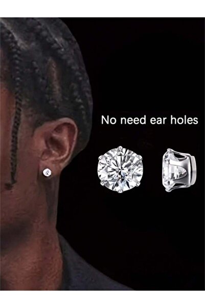 Choice Silver 2pcs Silver Plated Magnetic Clip-On Earrings for Men Transparent Cubic Zirconia Street Style