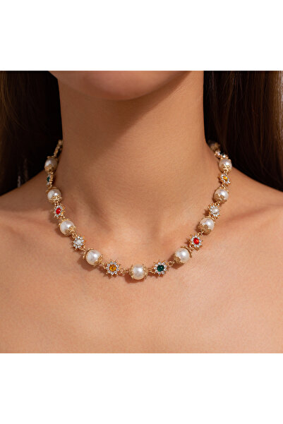 Choice قلادة شيكسين الفاخرة المصنوعة من حبات اللؤلؤ الصناعي باللون الذهبي للنساء لحفلات الزفاف الأنيقة مرصعة بأحجار الراين C