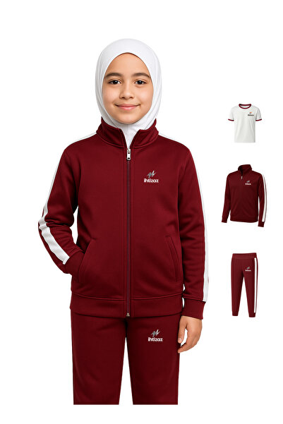 ihtizaz Girls’ Middle School 3-Piece Sports Uniform – Maroon | White T-Shirt + Zip Jacket + Athletic Pants