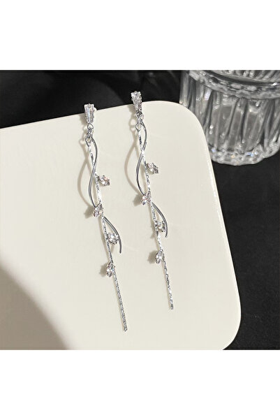 Choice أقراط SF197 أنيقة باللون الفضي على شكل كرمة طويلة متدلية مع لمسات من أ...