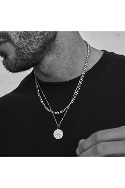 Choice Silver Cuban Vnox Compass Necklaces for Men, Layering Stacked Cuban Fi...