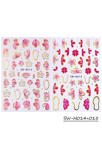 Choice SW-H014-015 2pcs Pink Flower Nail Stickers Metallic Gold Edge Line Flo...