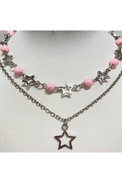 Choice قلادة وردية أنيقة من قطعتين بتصميم نجمة خماسية ولؤلؤة Y2K - إكسسوار أن...